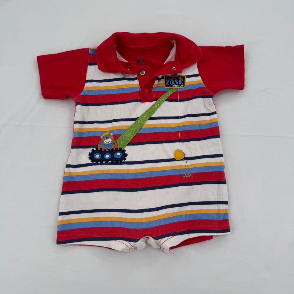 Okie-Dokie Romper Baby 6-9 Months Red Striped Construction Outfit Polo One-Piece